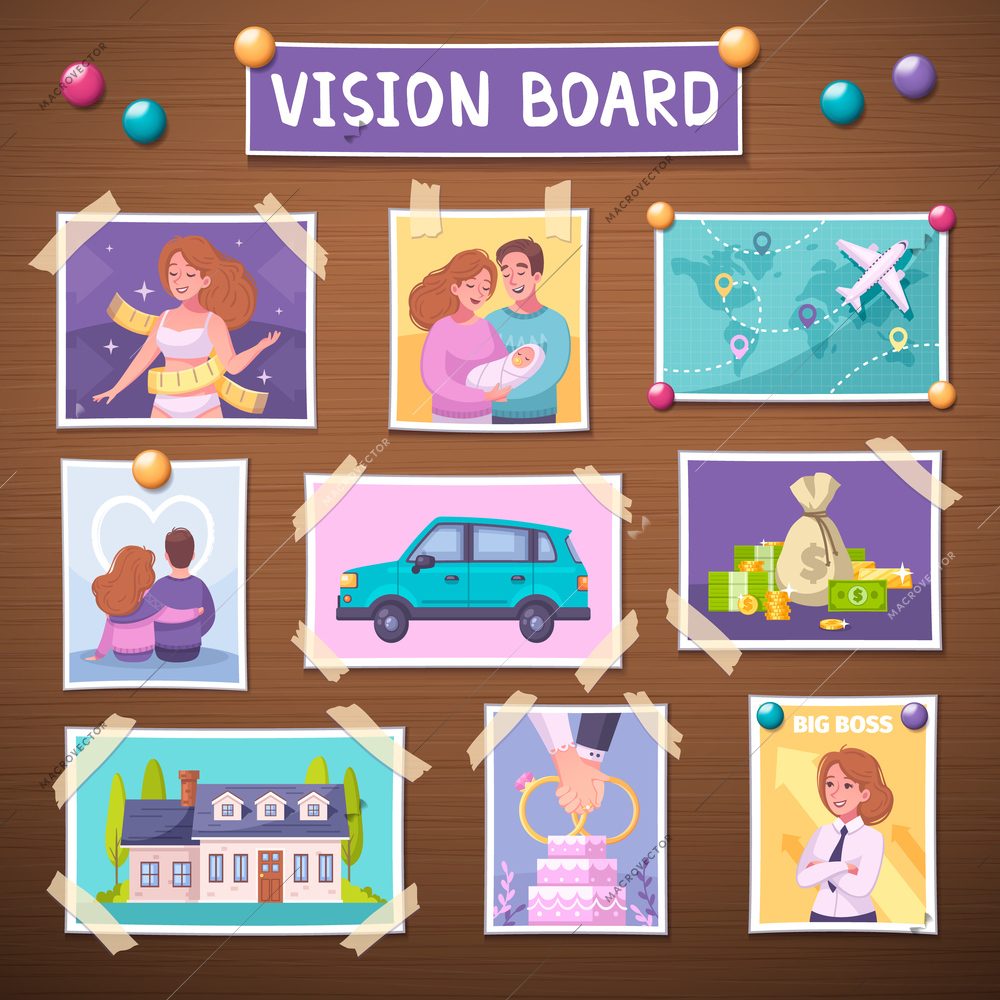 Vision board with future achievement planner symbols cartoon vector illustration