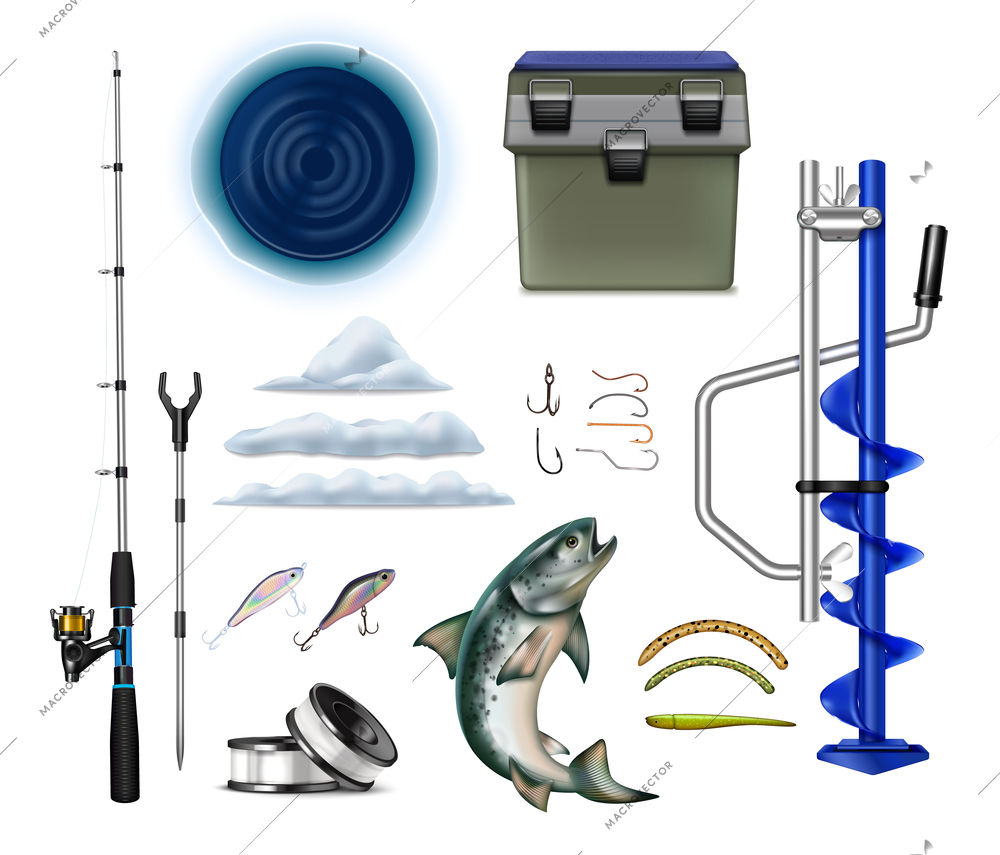 Winter fishing equipment realistic set with isolated fish tackle icons of rods hooks ice breaker drill vector illustration