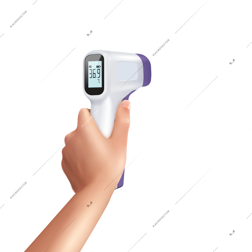 Infrared thermometer in hand realistic composition with isolated image of human hand holding non-contact thermometer vector illustration