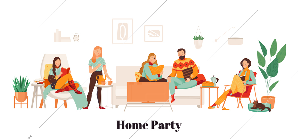 Friends wearing warm clothes have home party in cozy living room flat vector illustration