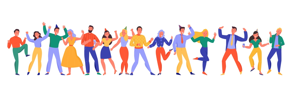 Cheerful people in colorful clothes dancing at party flat vector illustration