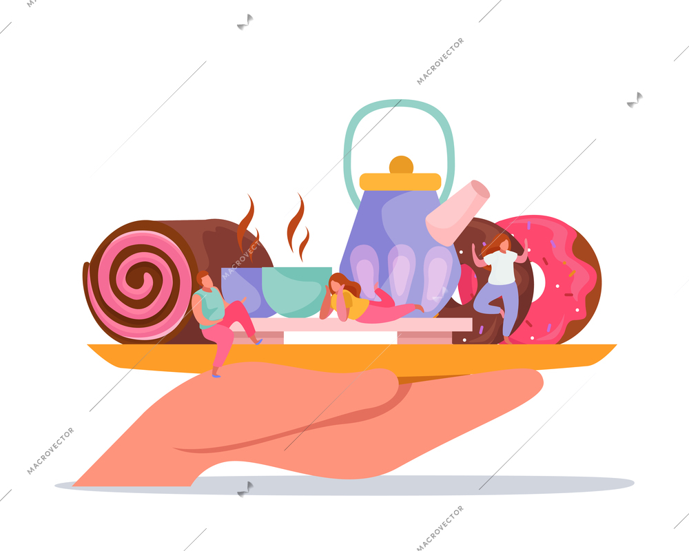 Tea time flat composition with human hand holding serving platter with sweets teapot cups and people vector illustration