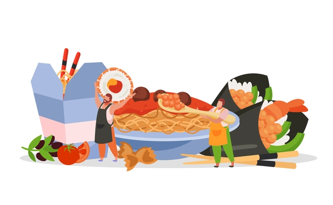 Wok box flat composition with japanese meal fast food noodles on plate with cardboard takeaway box vector illustration
