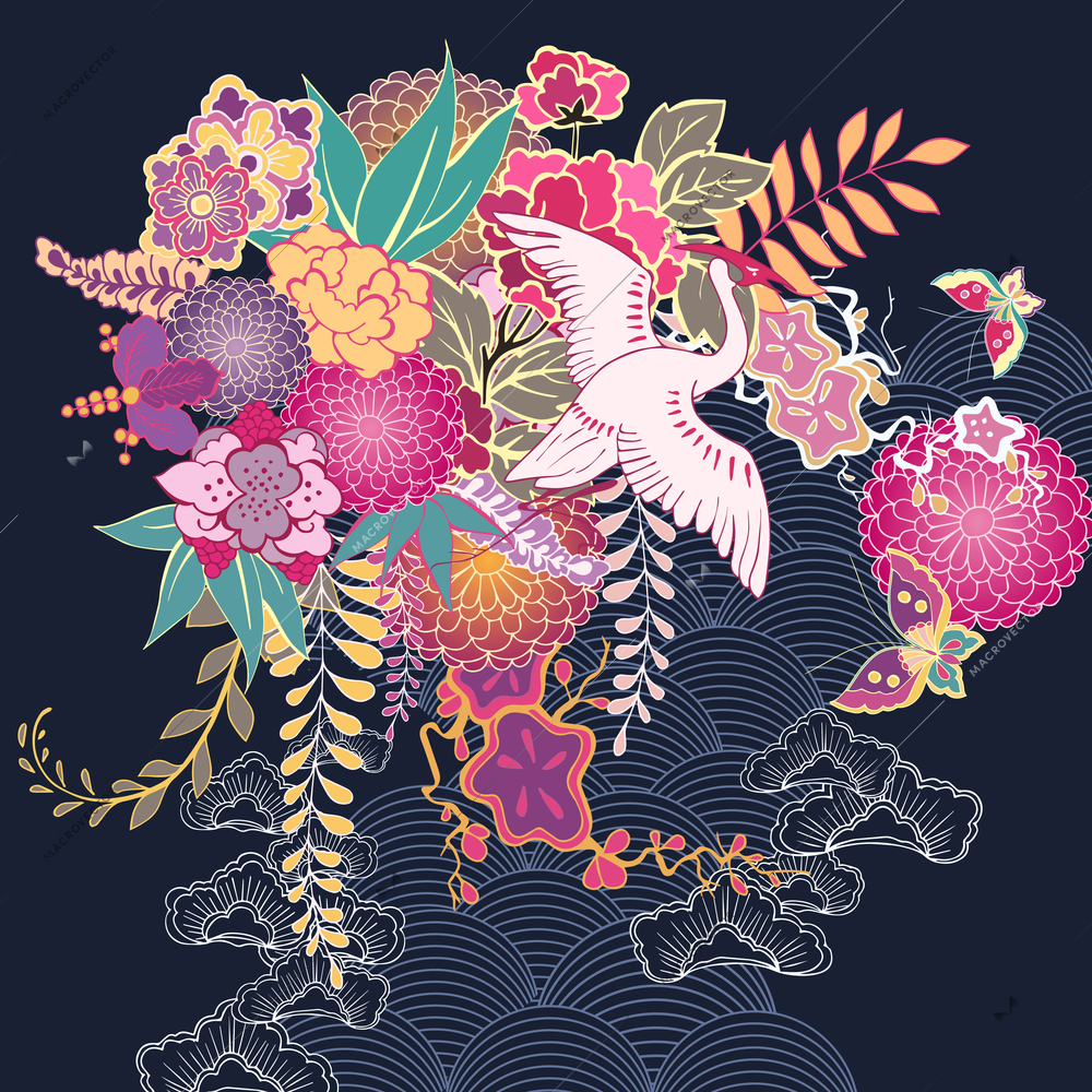 Japan style decorative kimono floral motif vector illustration