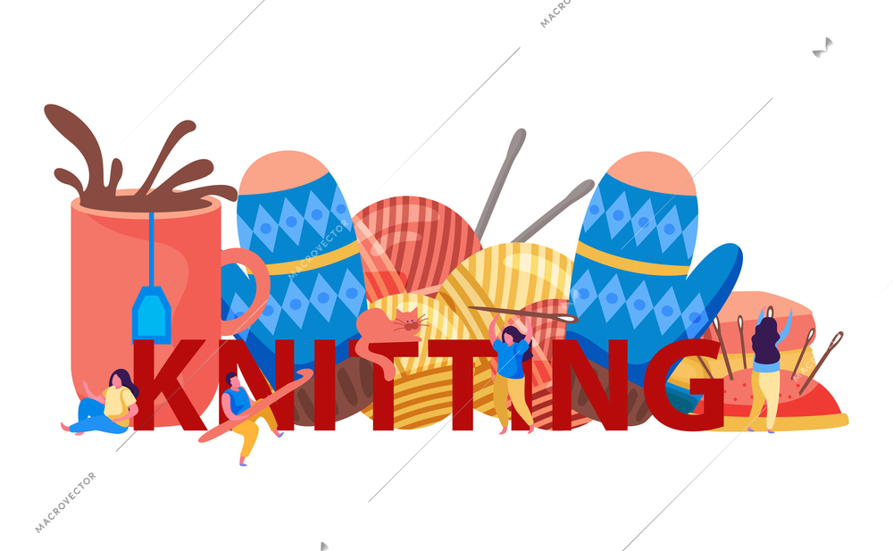 Knitting flat composition with text surrounded by small characters knitwear and clews with needles and teacup vector illustration