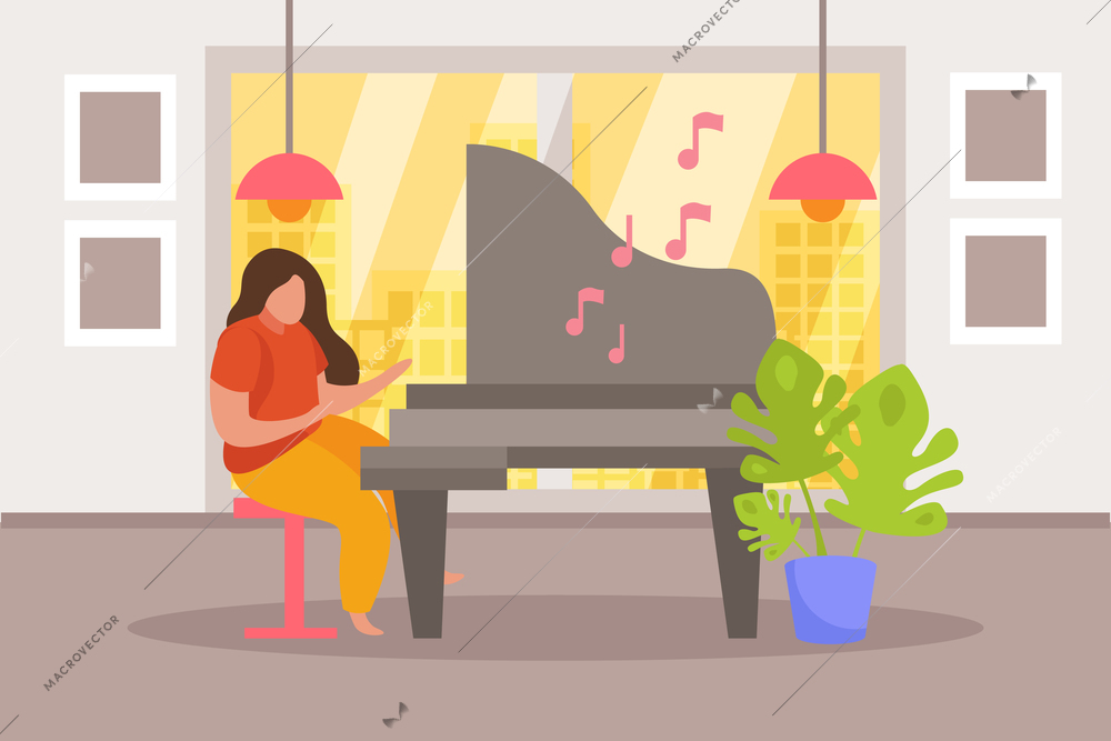 Hobby flat people recolor composition with home scenery and doodle character of woman playing grand piano vector illustration