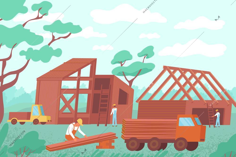 Construction of wooden house flat composition with outdoor landscape and builder characters with timber on truck vector illustration