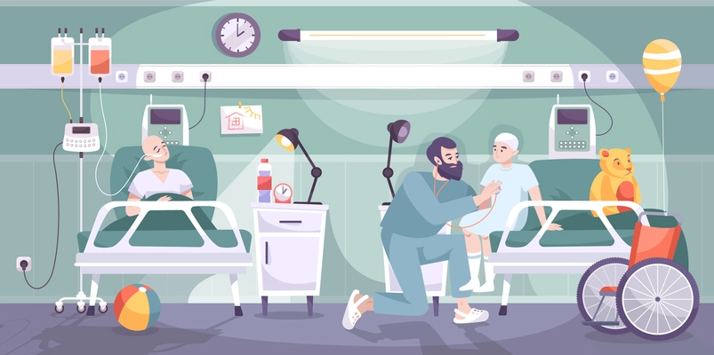 Oncologic pediatric ward with male nurse attending 2 kids after cancer treatment horizontal isometric composition vector illustration