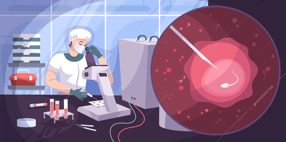 Sperm egg in vitro flat composition with laboratory scenery microscope tubes and doctor performing artificial insemination vector illustration