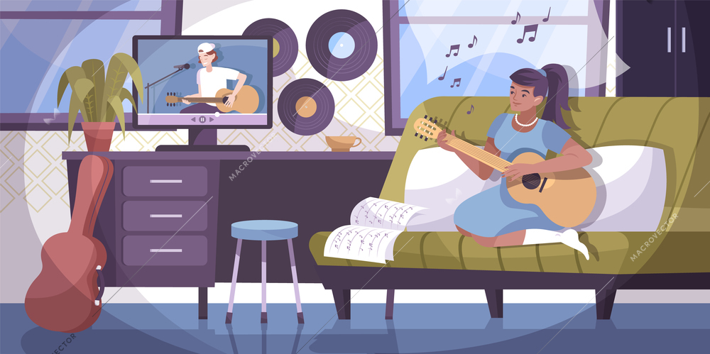 Music lessons online composition with home interior and character of girl playing guitar with remote tutor vector illustration