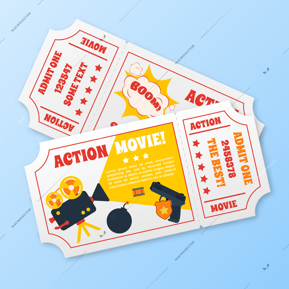 Action movie film cinema professional production tickets set vector illustration