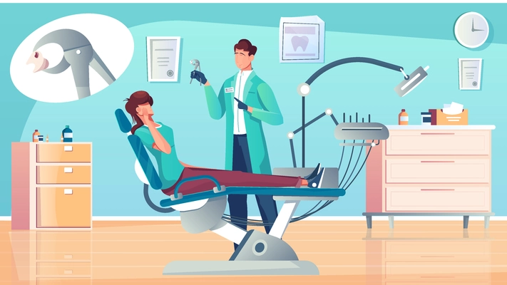 Removal tooth flat composition with dentist in office and patient on dental chair with thought bubble vector illustration
