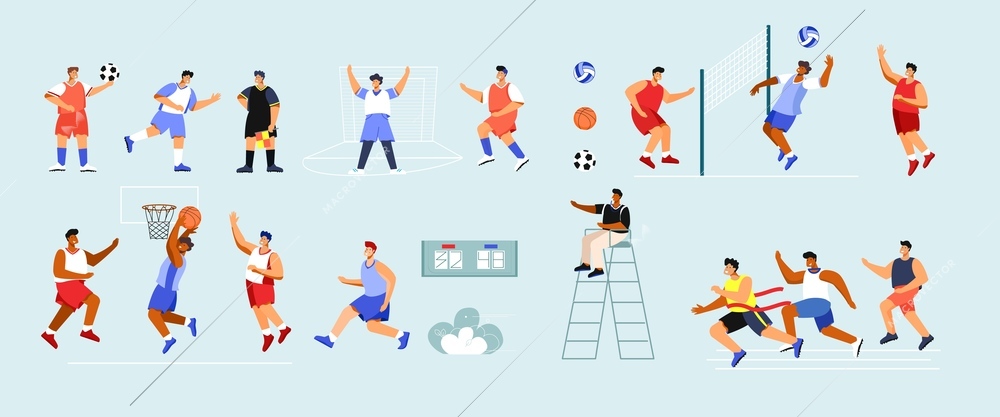 Sports stadium set with flat icons and isolated doodle style characters of playing athletes in uniform vector illustration