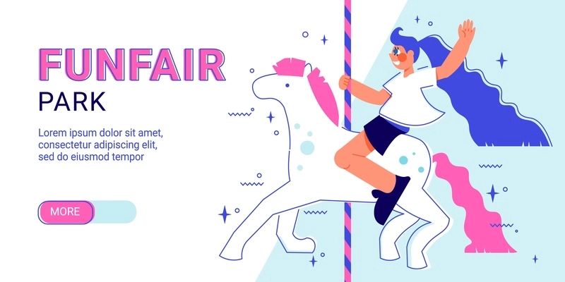 Funfair amusement park horizontal banner with slider more button editable text and girl character riding unicorn vector illustration