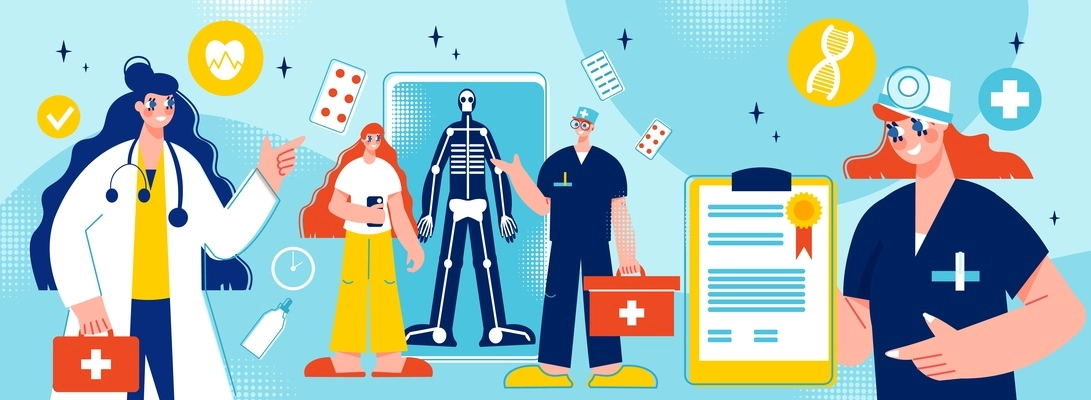 Online medicine composition with isolated pictogram icons phamaceutical drugs and characters of medical specialists in uniform vector illustration