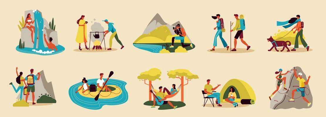 Hiking color set of isolated icons characters of travelers and images of touristic equipment and items vector illustration