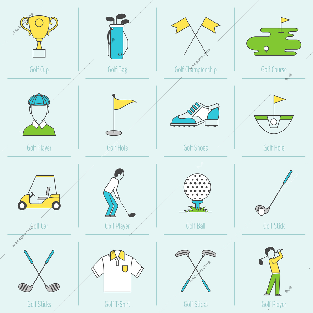 Golf cup bag championship course flat line icons set isolated vector illustration