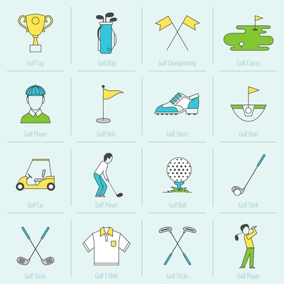 Golf cup bag championship course flat line icons set isolated vector illustration