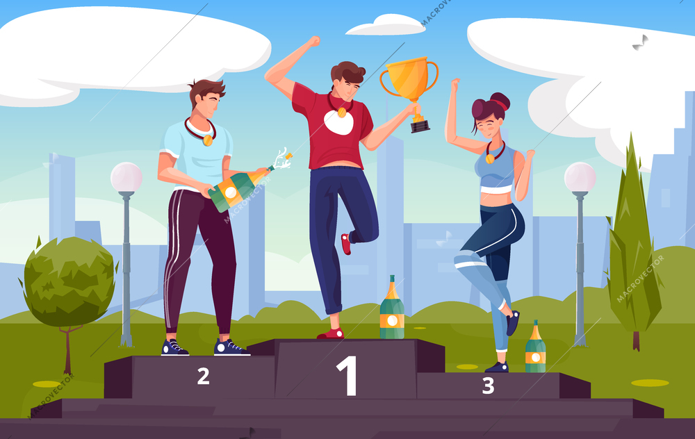 Winner rewarding flat composition with outdoor scenery with cityscape and characters of happy athletes on podium vector illustration