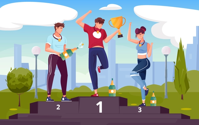 Winner rewarding flat composition with outdoor scenery with cityscape and characters of happy athletes on podium vector illustration