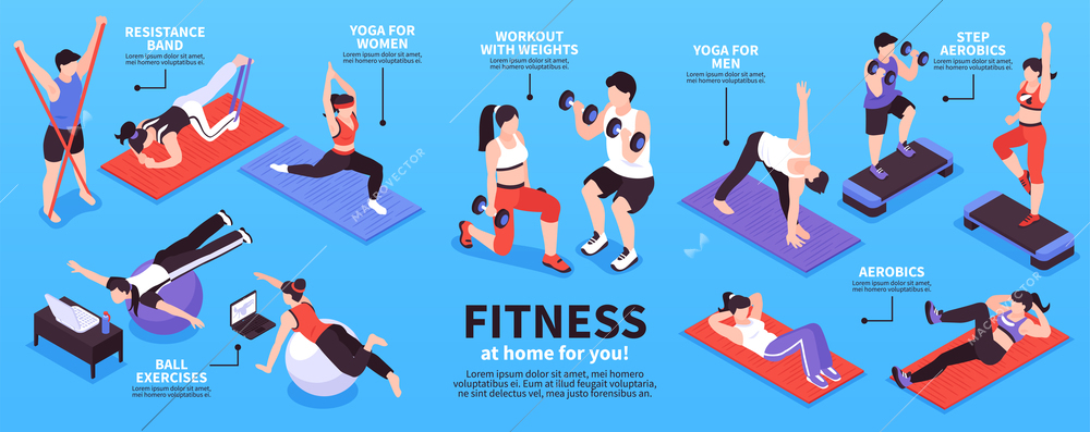 Isometric home fitness infographics with isolated human postures different sport exercises editable text captions with arrows vector illustration