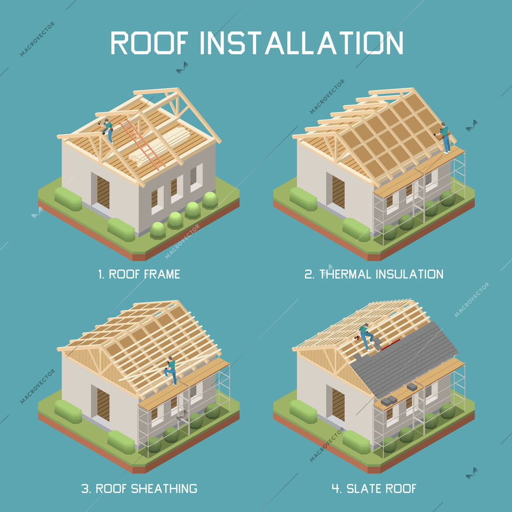 Slate roof installation steps 4 isometric elements set with frame thermal insulation sheathing info poster vector illustration