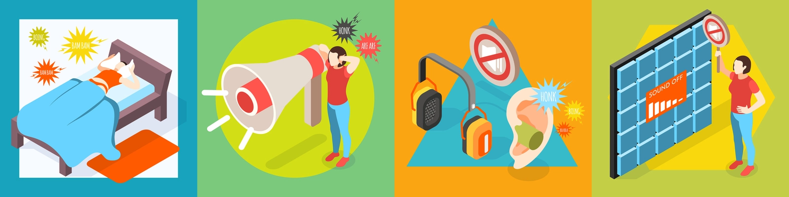 Noise pollution isometric design concept with solid background and icons of loud noises with suffering people vector illustration