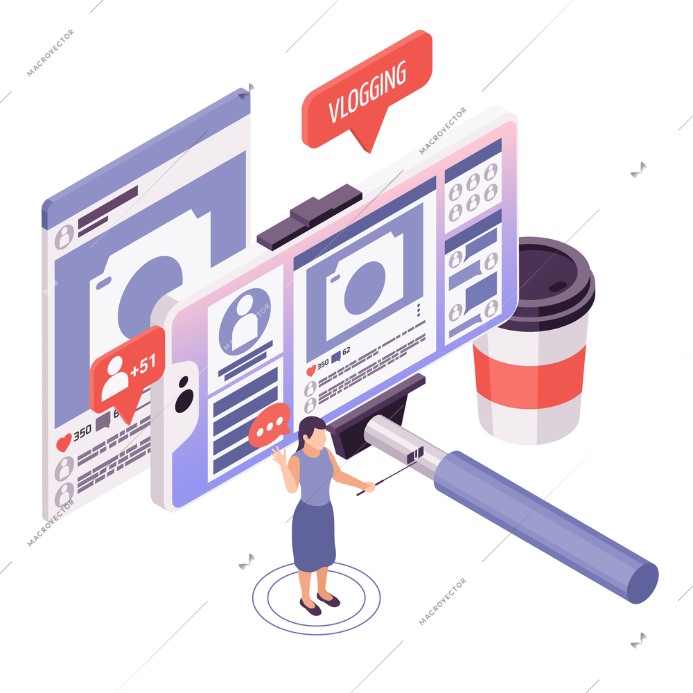 Vlogging isometric concept with female person recording vlog using mobile phone and selfie stick vector illustration