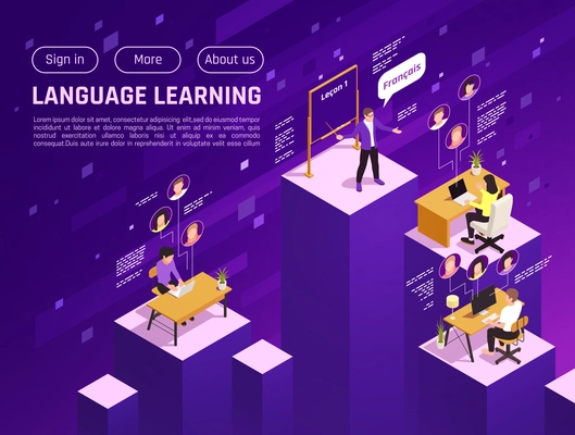 Online language school website isometric landing page with learning french virtual lesson purple background vector illustration