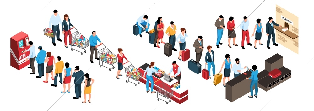 Isometric set of human characters in queues in various public places 3d isolated vector illustration