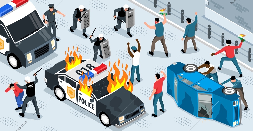 Mass protest action with angry activists burning police car officers armed with shields and batons 3d isometric vector illustration