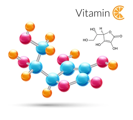 Vitamin C 3d molecule chemical science atomic structure poster vector illustration.