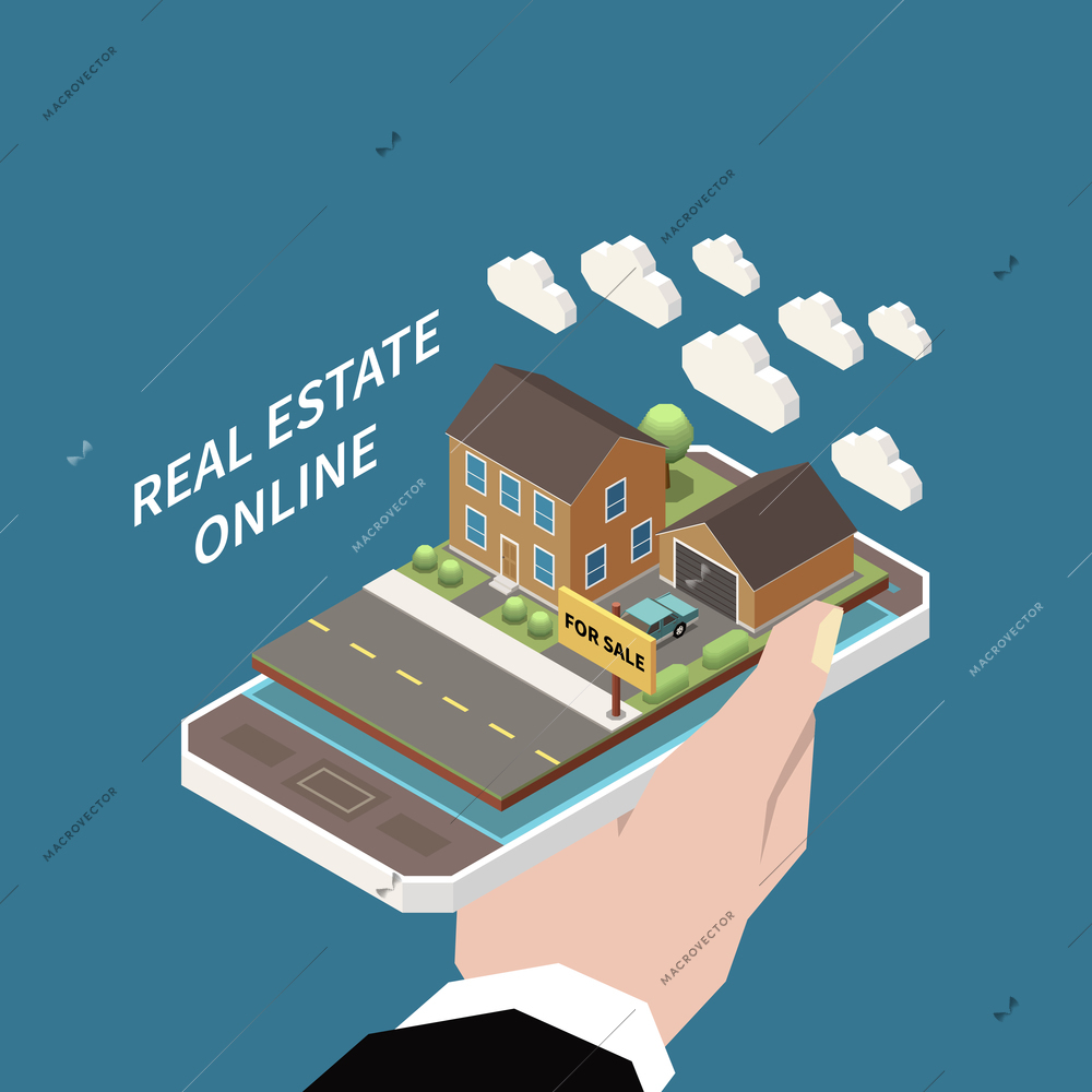 Real estate agency isometric composition with images of clouds and house for sale on smartphone top vector illustration