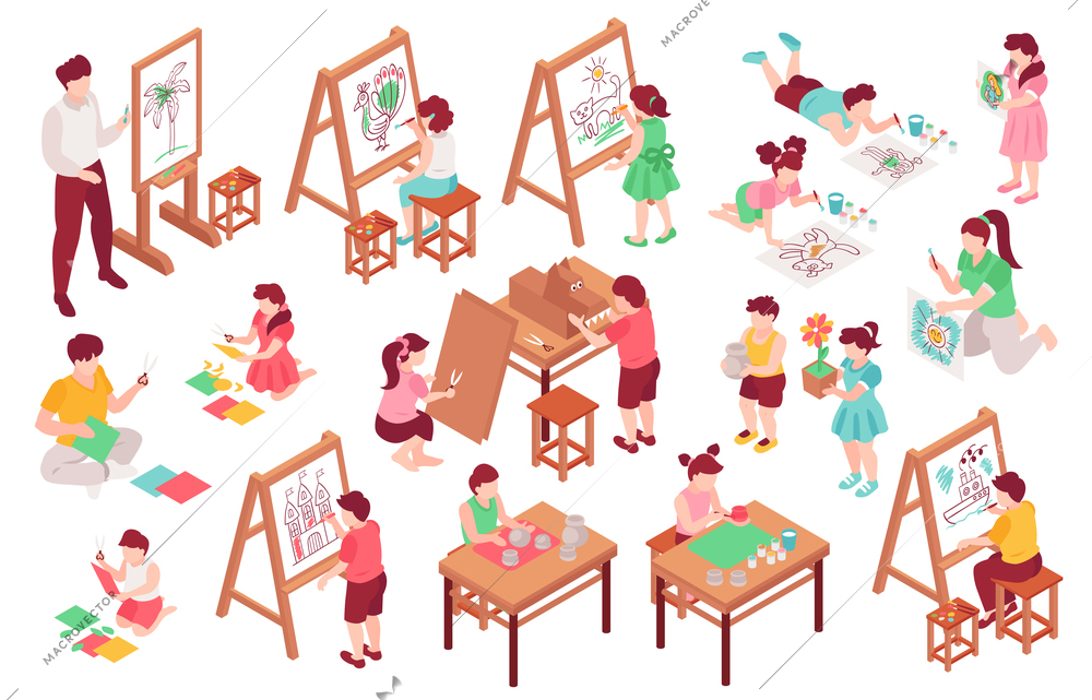 Children art school set with paint and brush isometric isolated vector illustration