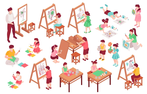 Children art school set with paint and brush isometric isolated vector illustration