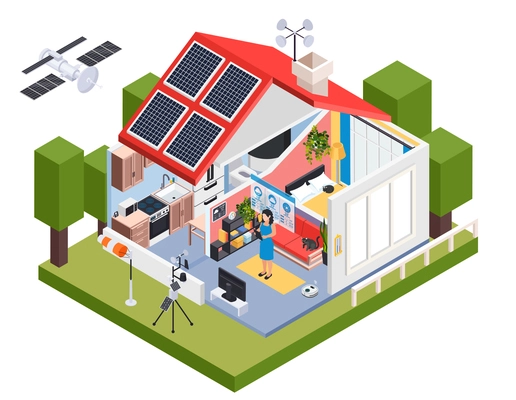Meteorology weather forecast isometric composition with outdoor view of house with solar batteries and wind vane vector illustration