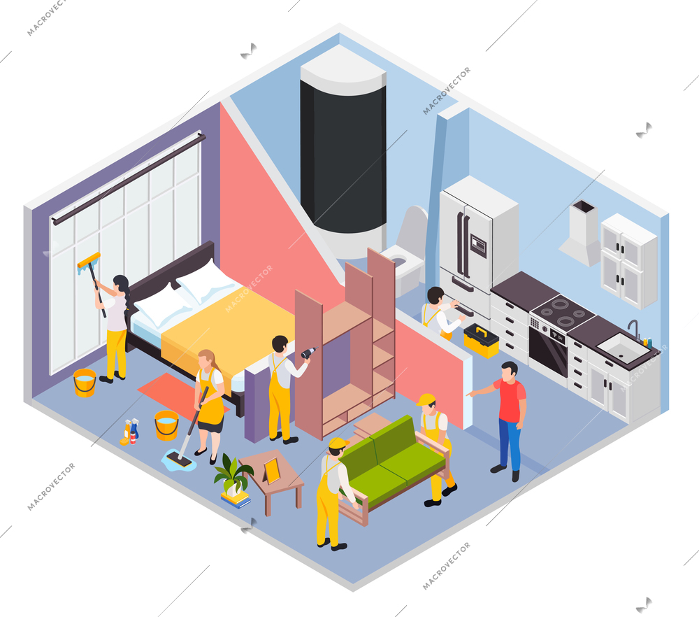 Renovation repair works isometric composition with profile view of apartment rooms with host and workers brigade vector illustration