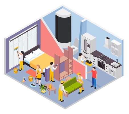 Renovation repair works isometric composition with profile view of apartment rooms with host and workers brigade vector illustration