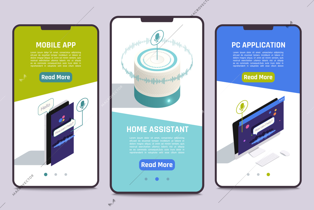 Smart home voice assistant 3 isometric smartphone tablets screens banners with mobile app pc application vector illustration