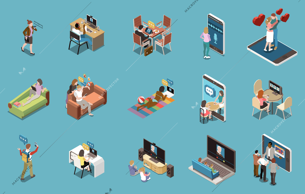 Online chatting isometric set of people communicating by smartphone pad desktop pc isolated vector illustration