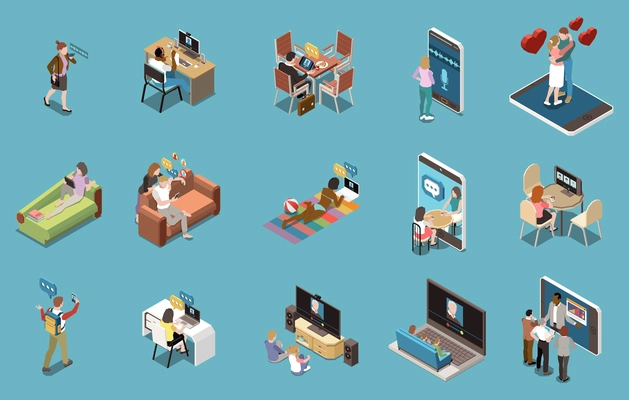 Online chatting isometric set of people communicating by smartphone pad desktop pc isolated vector illustration