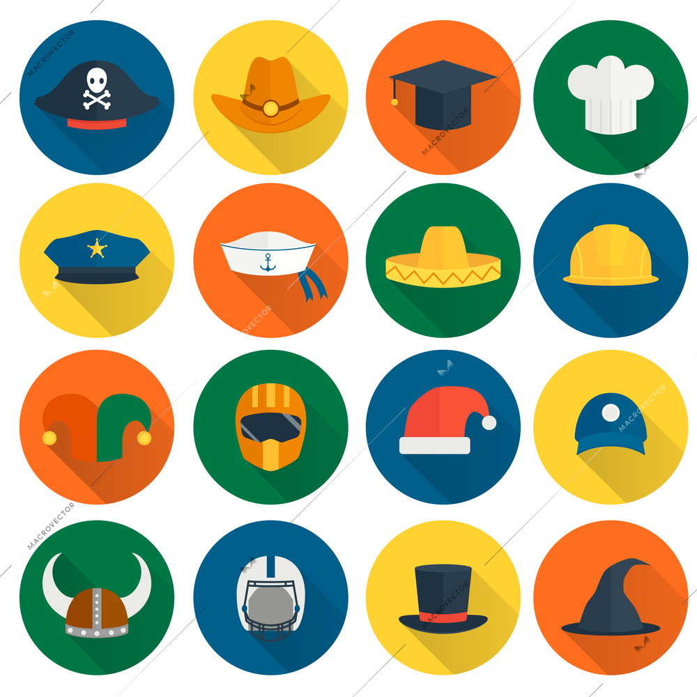 Modern and old caps flat icons set with policeman builder chef hats isolated vector illustration