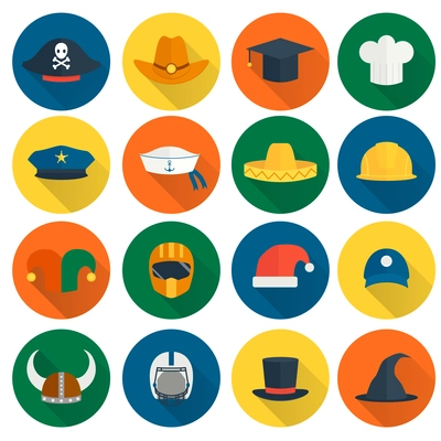 Modern and old caps flat icons set with policeman builder chef hats isolated vector illustration