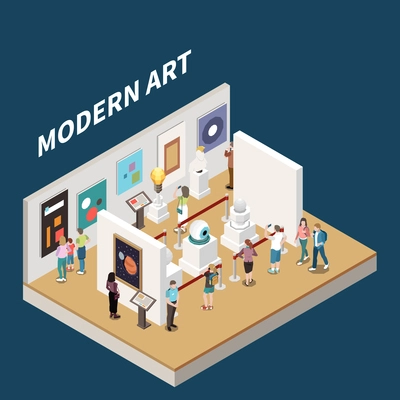 Modern art isometric background with people viewing paintings at exhibition in art gallery vector illustration