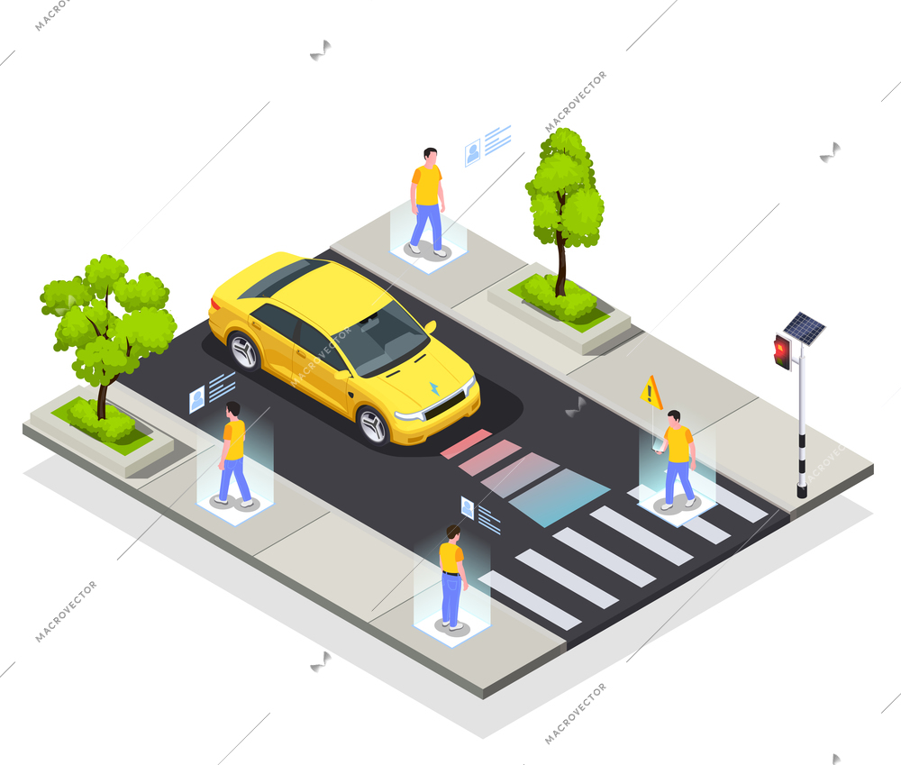 Smart city technologies isometric composition with view of safe roadway with automated car and walking people vector illustration