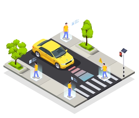 Smart city technologies isometric composition with view of safe roadway with automated car and walking people vector illustration