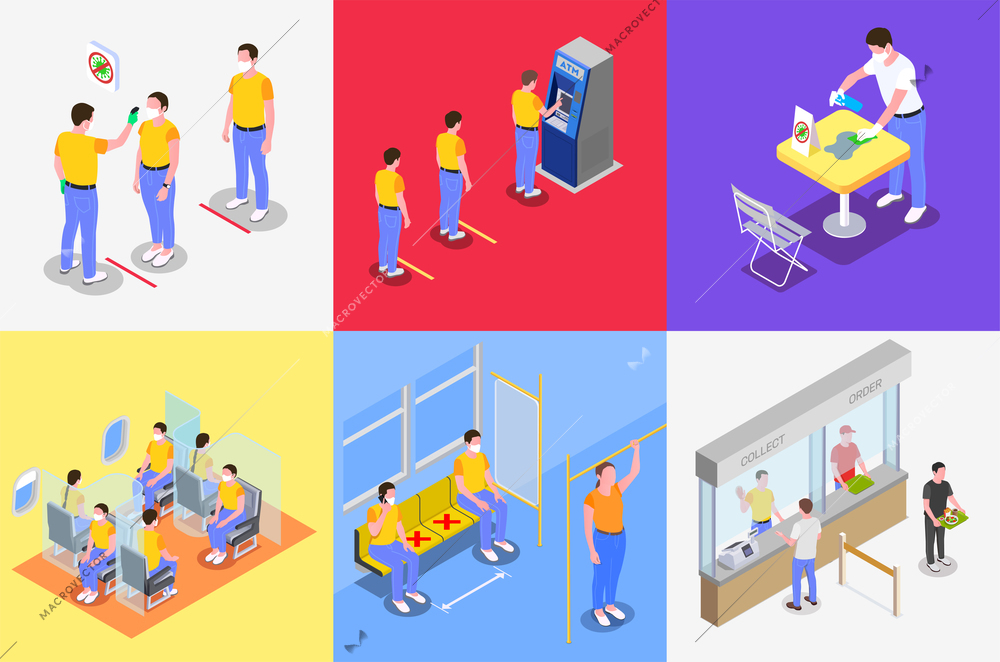 Social distancing isometric design concept with various locations and human characters keeping safe amount of distance vector illustration