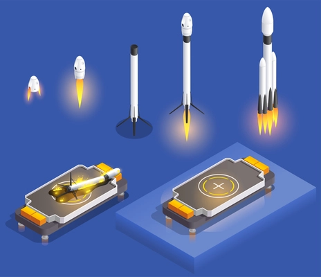 Modern space program isometric composition with isolated images of launching pads and flying rockets with spacecrafts vector illustration