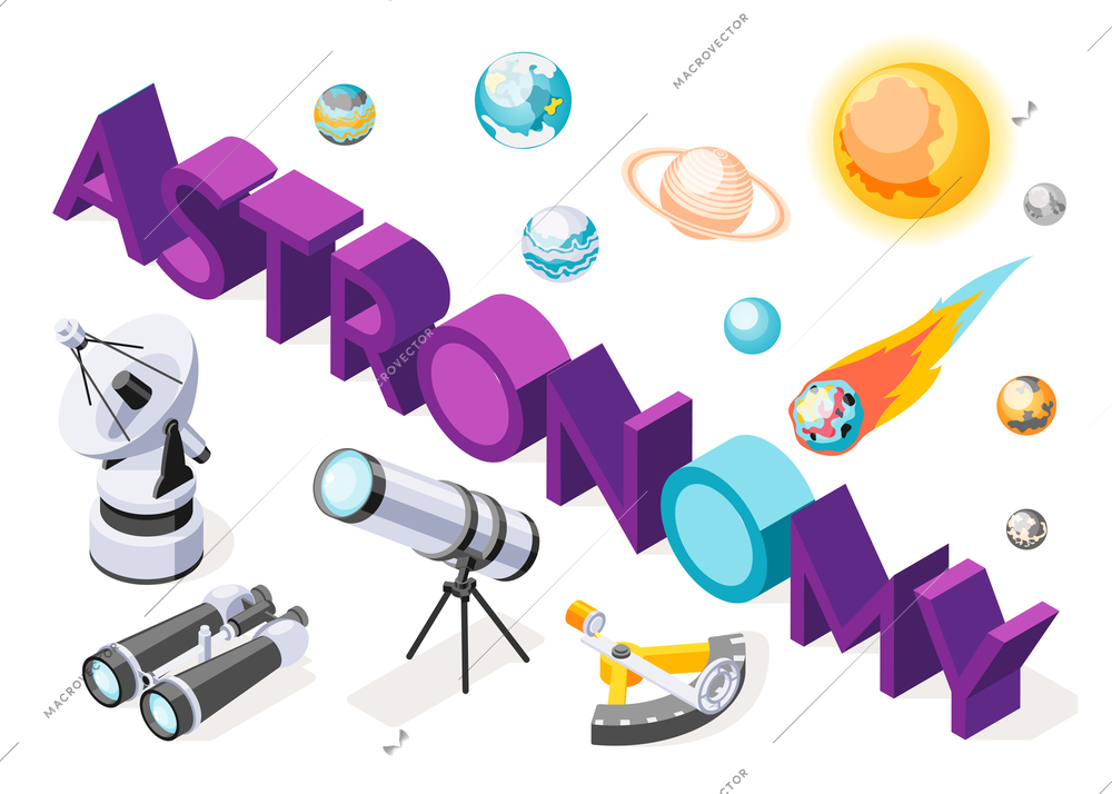 Astronomy isometric background composition of 3d text and images of planets with binocular telescope and radar vector illustration