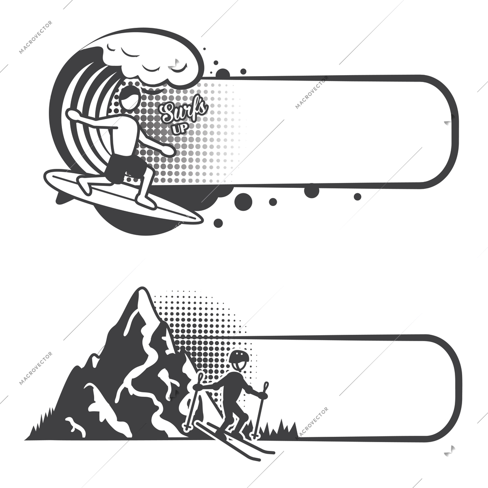 Vacation travel extreme sports banners set with windsurfing and skier vector illustration
